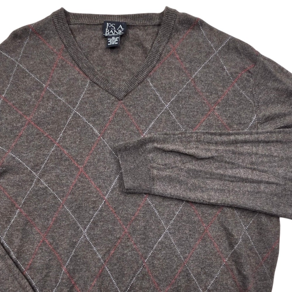 Jos A Bank Mens XL Brown Argyle V-Neck Lambswool Blend Sweater Classic Preppy